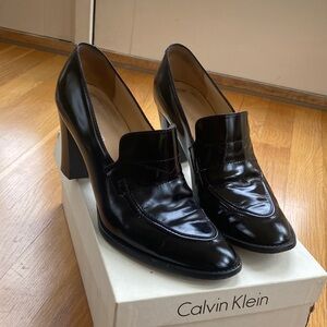Calvin Klein Patent Black Leather Block Heel Loafers